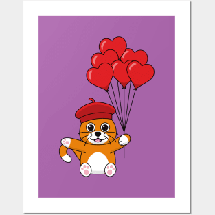 Cute Cat with Red Heart Balloons Posters and Art